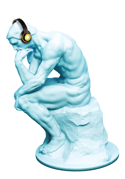 Blue statue of a muscular man in a thinking pose wearing black headphones with yellow accents.