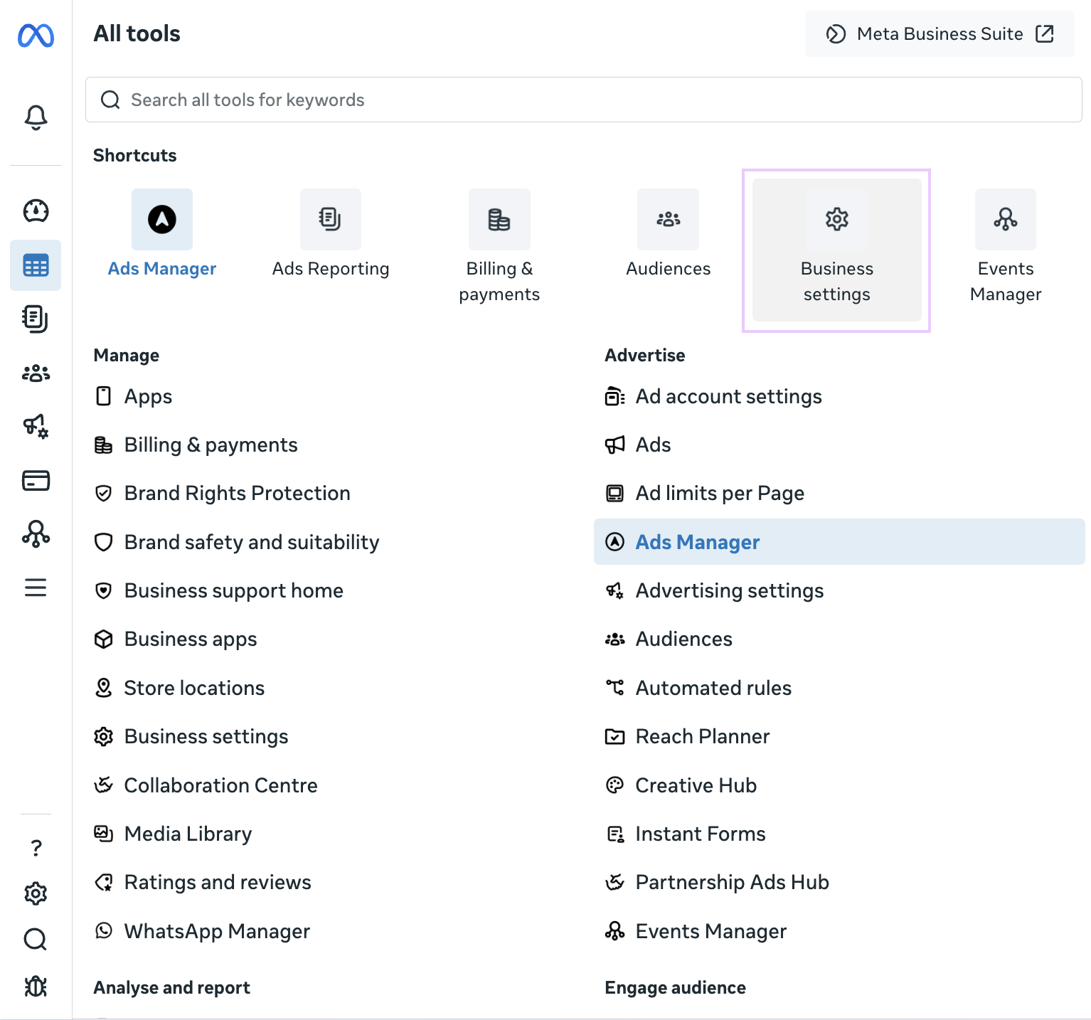 meta business manager business settings