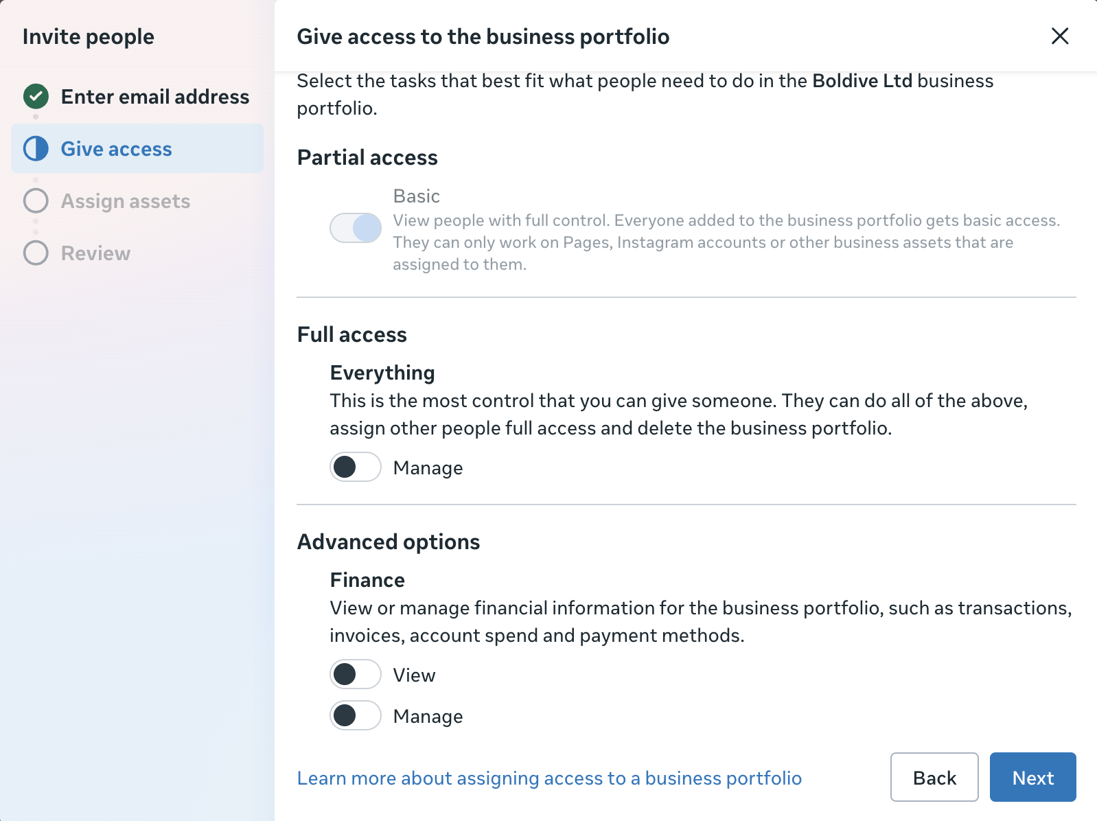 Meta Ads invite people access level options