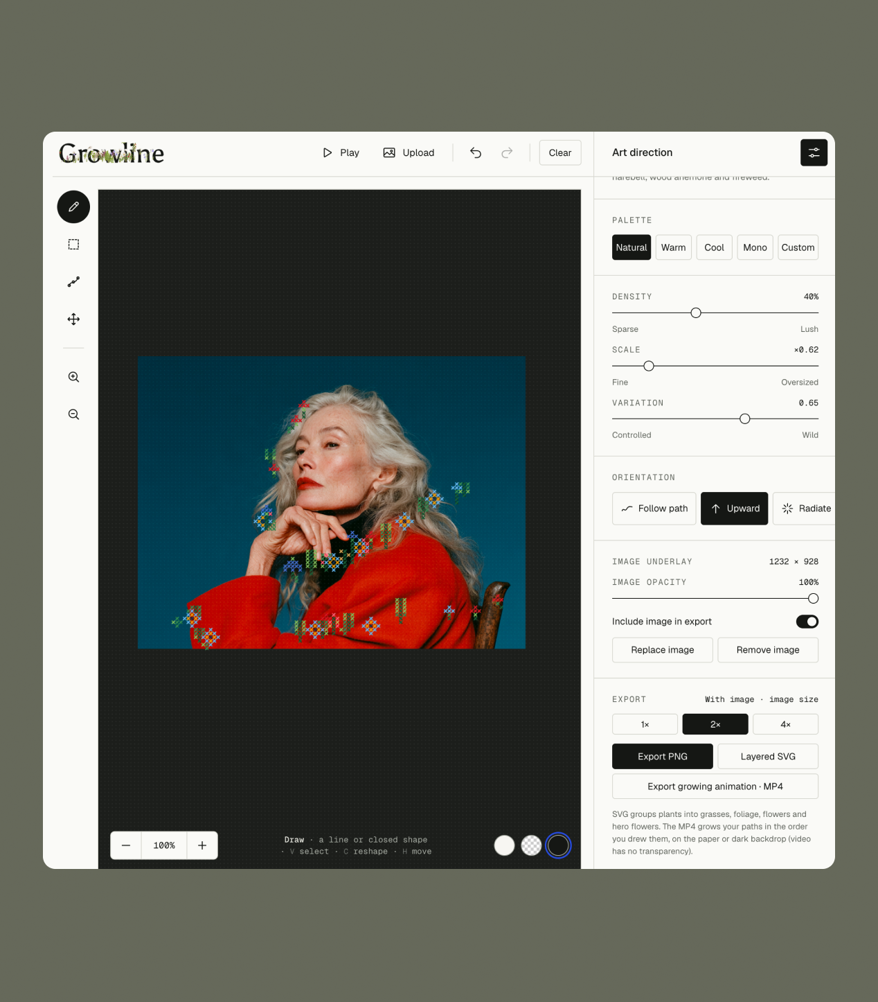 The Growline interface: a portrait uploaded onto the canvas with cross-stitch flowers grown over it, next to the art direction panel