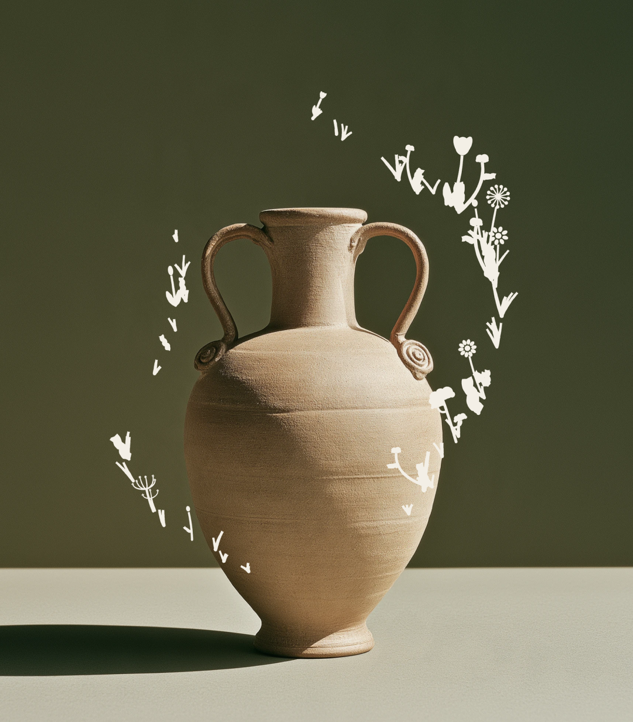 A terracotta amphora on a sage-green background, with white minimal brush-drawn flowers growing in an arc around it