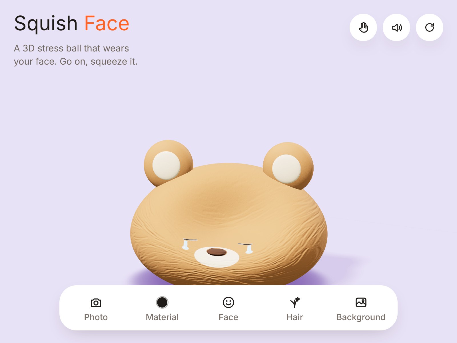 A crying bear in slow-rebound foam, slumped low after a squeeze