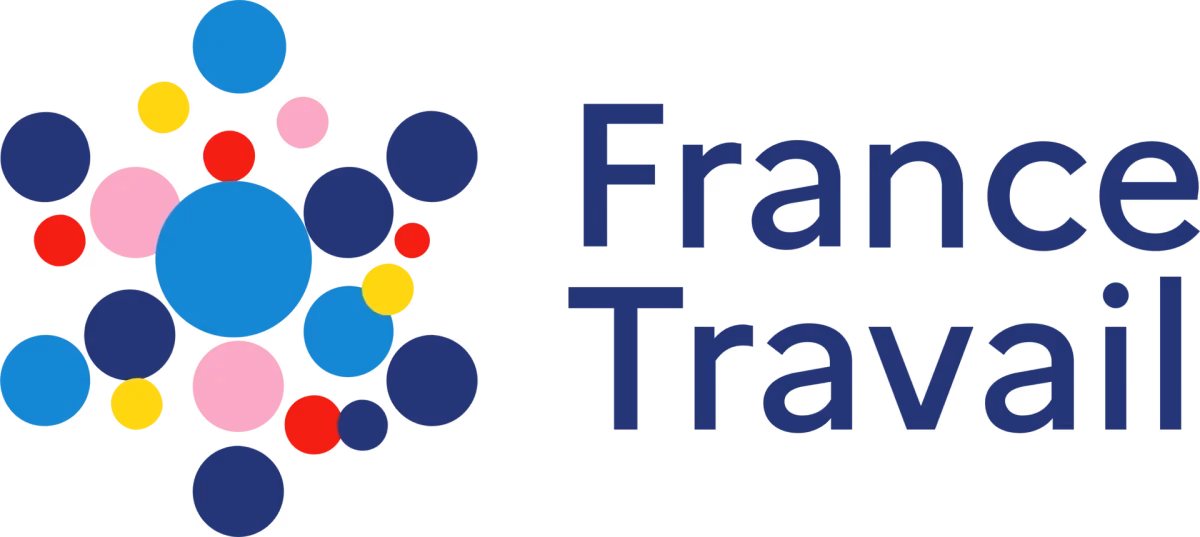 Logo de France Travail avec des cercles colorés en bleu, rouge, rose et jaune formant une figure à gauche du texte bleu France Travail.