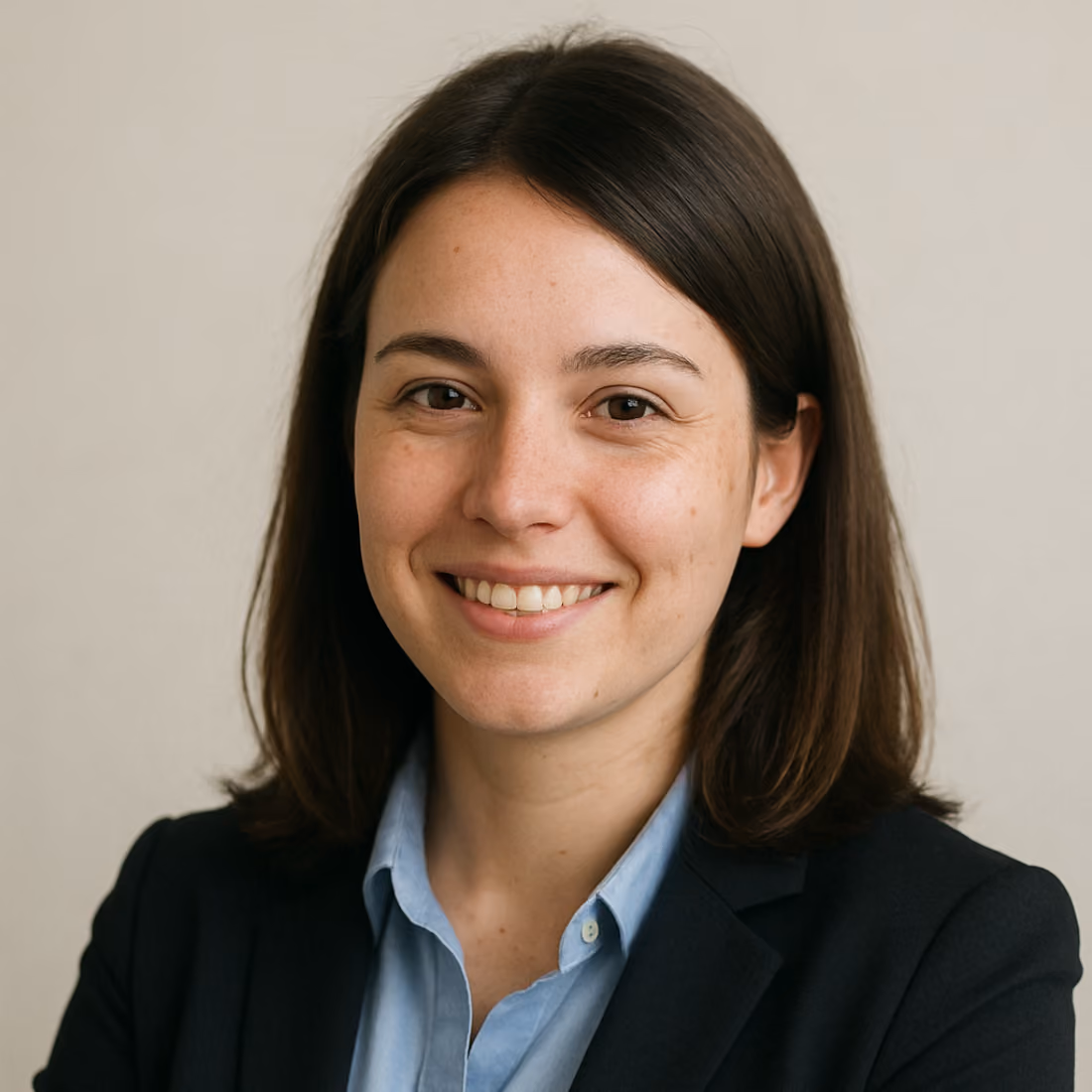 Portrait d'une femme souriante aux cheveux bruns mi-longs, portant une chemise bleue et une veste noire, sur un fond clair.