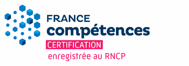 Logo de France compétences avec l'inscription « CERTIFICATION enregistrée au RNCP » en dessous.