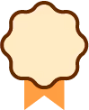 Médaille ou badge beige avec bordure marron foncé et un ruban orange en dessous.