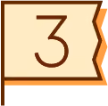 Un badge beige avec le chiffre 3 en brun au centre, bordé d'une fine ligne brune et une bordure orange ondulée sur le côté droit.