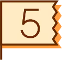 Icône d'un billet beige avec le chiffre 5 marron et un bord dentelé orange.