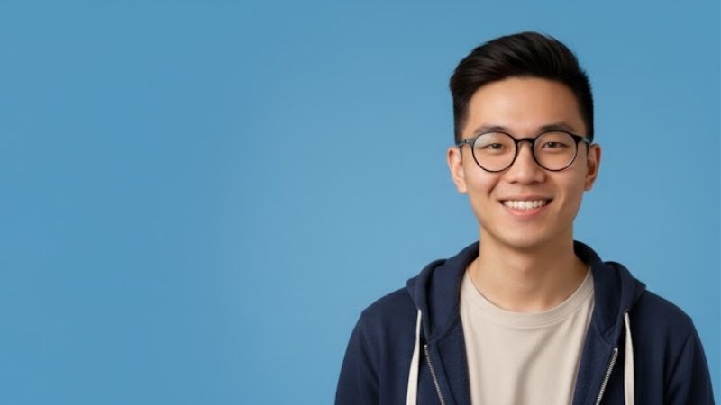 Jeune homme souriant à lunettes en sweat à capuche sur fond bleu