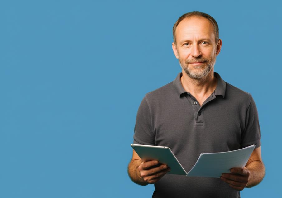 Homme souriant tenant un dossier ouvert sur fond bleu