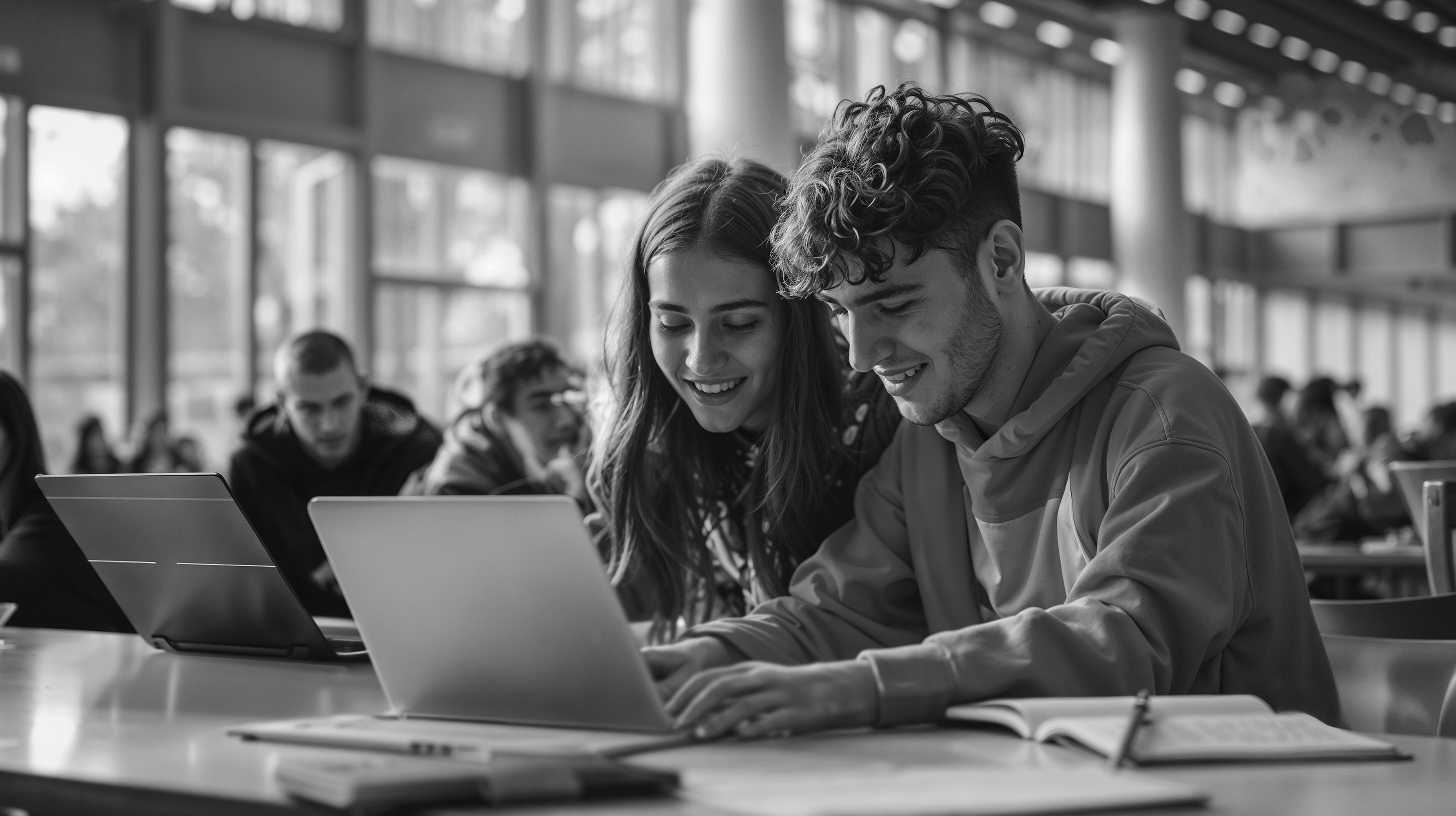 Photo en noir et blanc de deux étudiants souriants travaillant sur un ordinateur portable