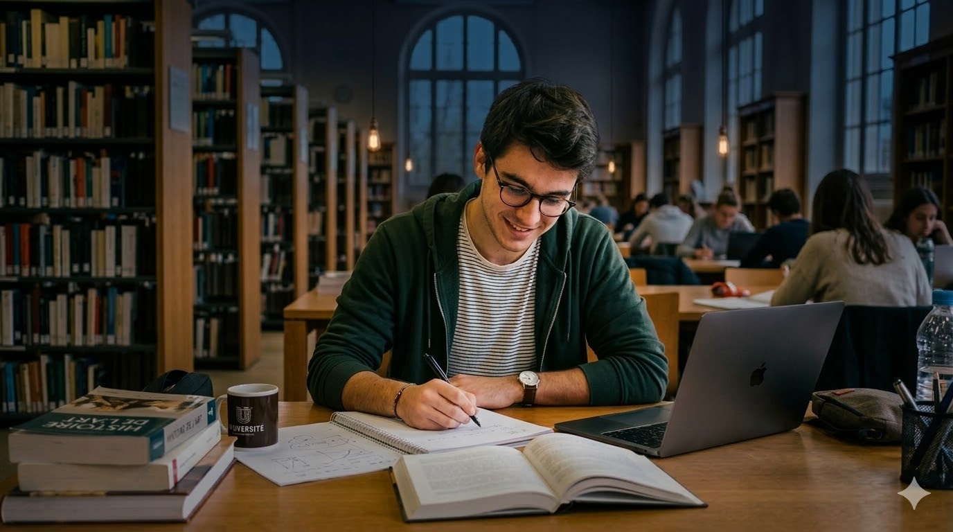 Étudiant à lunettes prenant des notes dans une grande bibliothèque