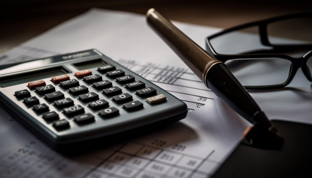 Calculatrice, stylo et lunettes posés sur un document chiffré