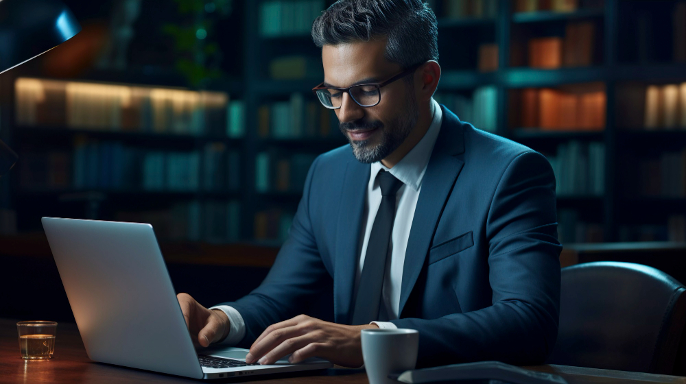 Homme en costume travaillant sur un ordinateur portable dans une bibliothèque