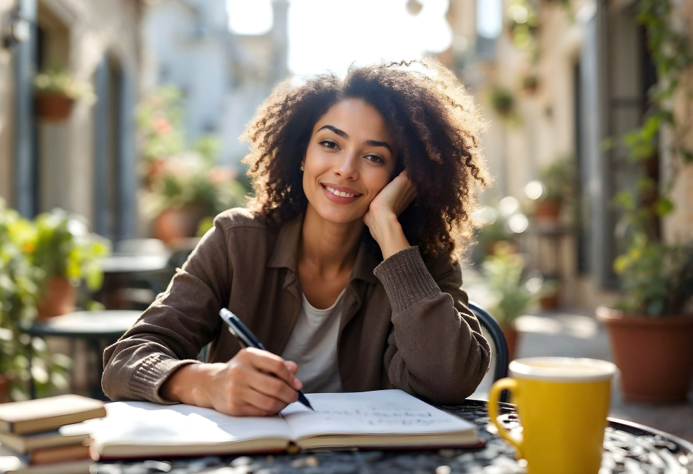 Jeune femme souriante prenant des notes à une terrasse de café ensoleillée