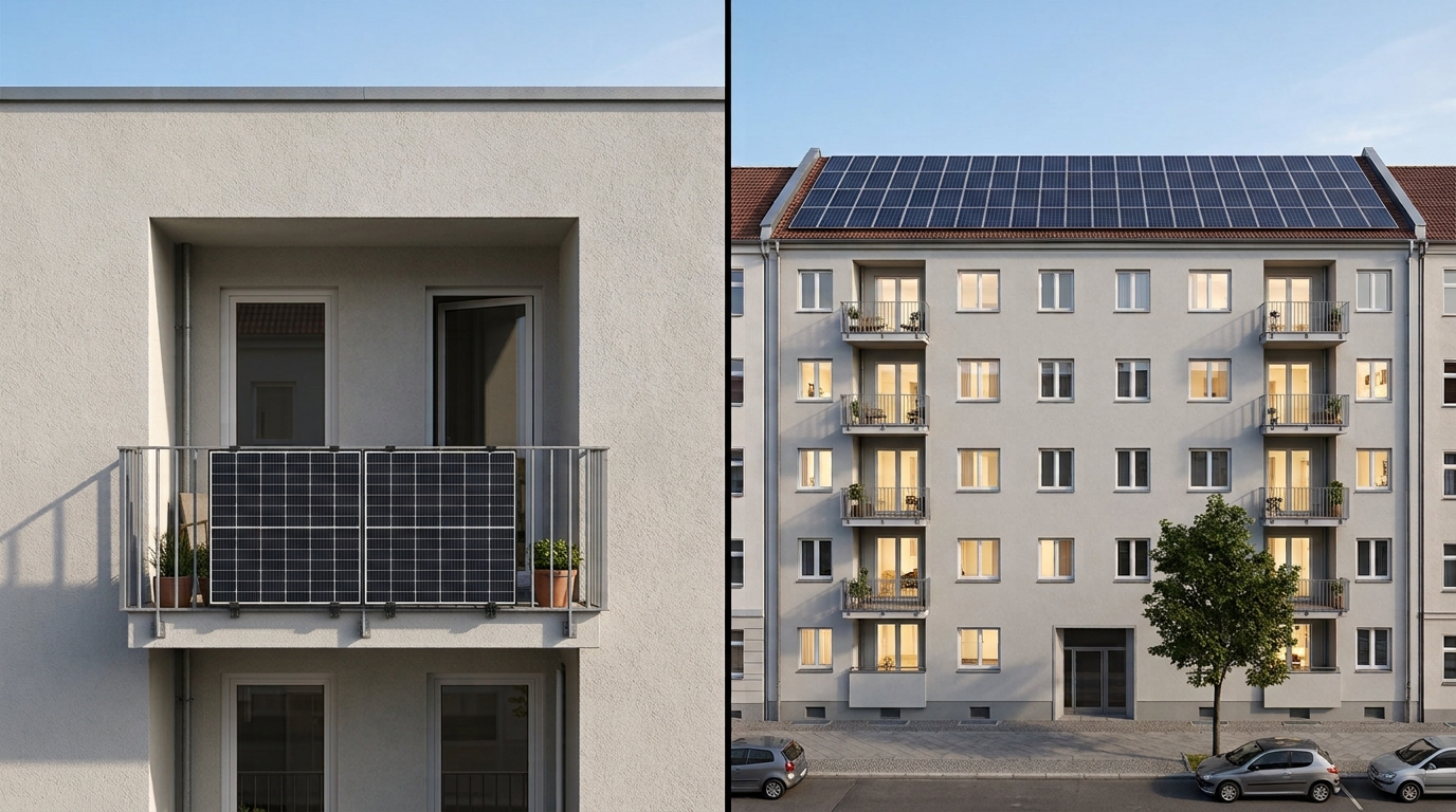 Vergleich: Balkonkraftwerk an einer Wohnung (links) und große Dach-Solaranlage auf einem Mehrfamilienhaus (rechts)