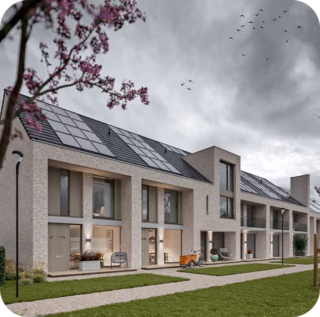 Modern row of light brick houses with large windows and solar panels on dark roofs under cloudy sky.