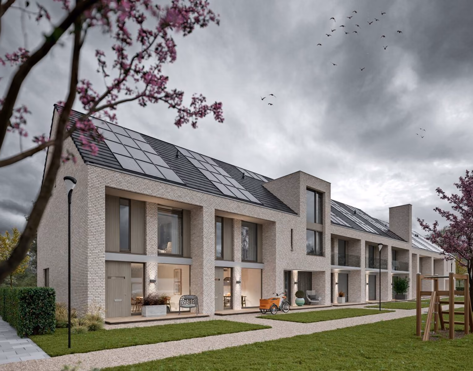 Moderne Wohnanlage mit Photovoltaik auf den Dächern als Hintergrund des Infopaket-Formulars