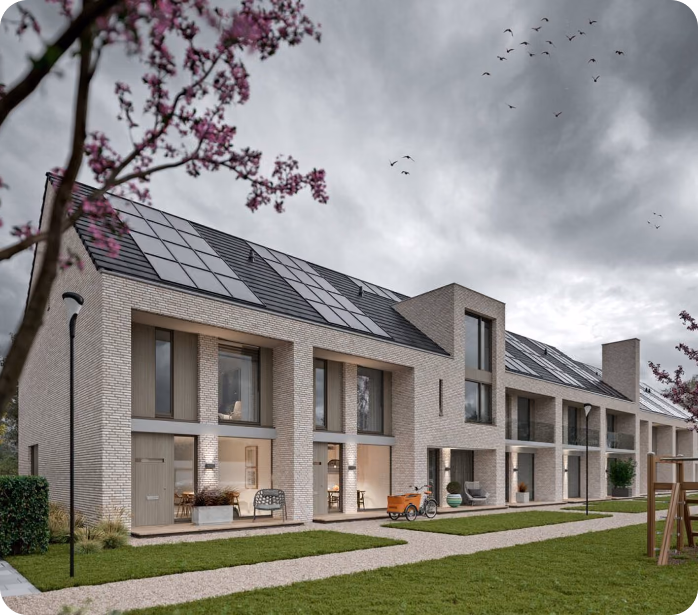 Moderne Mehrfamilienhaus-Reihe mit Solaranlage auf dem Dach