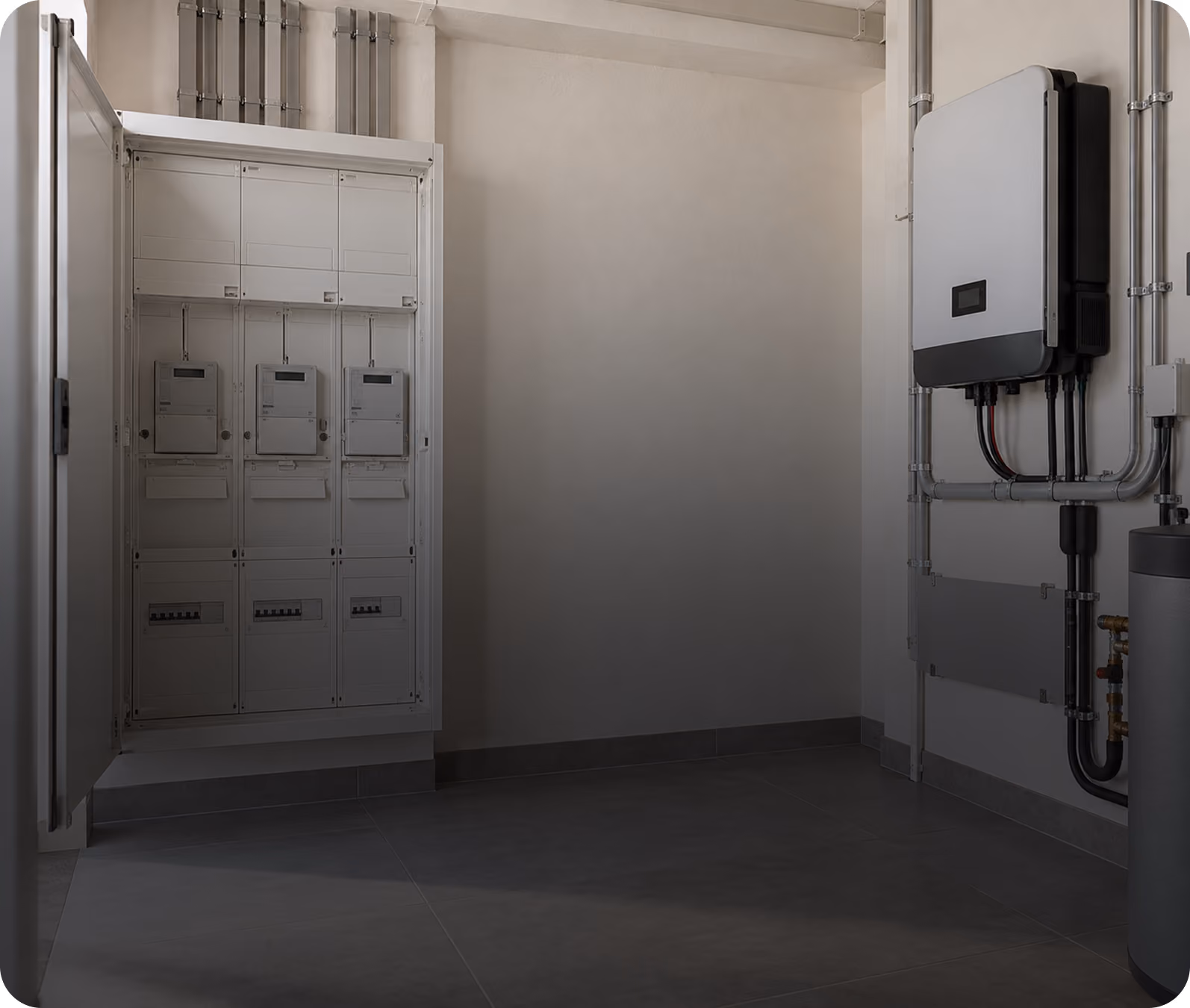 Technikraum mit Zählerschrank mit Smart Metern und Wechselrichter der PV-Anlage