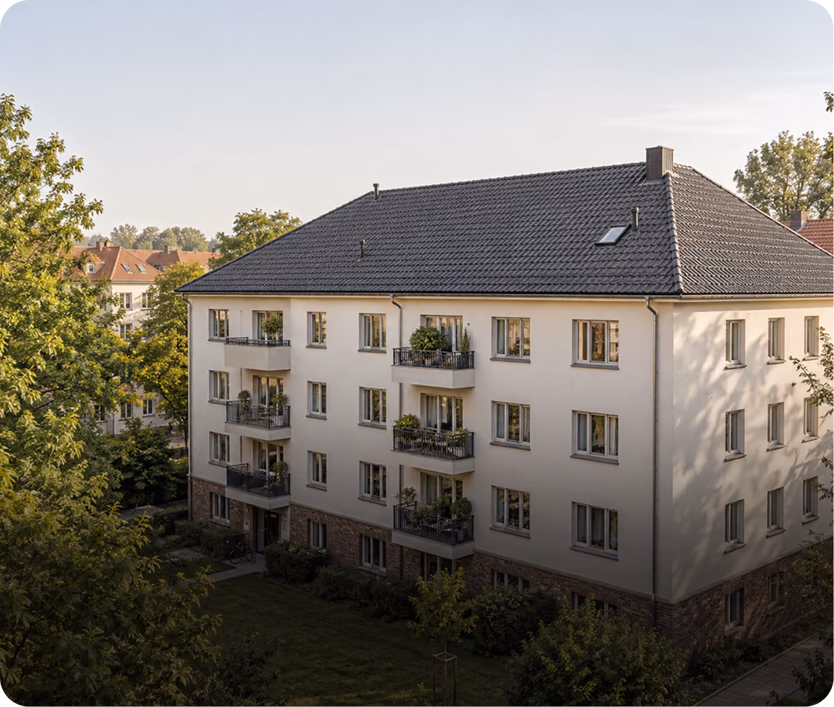 Mehrfamilienhaus mit Walmdach und Balkonen, umgeben von Bäumen