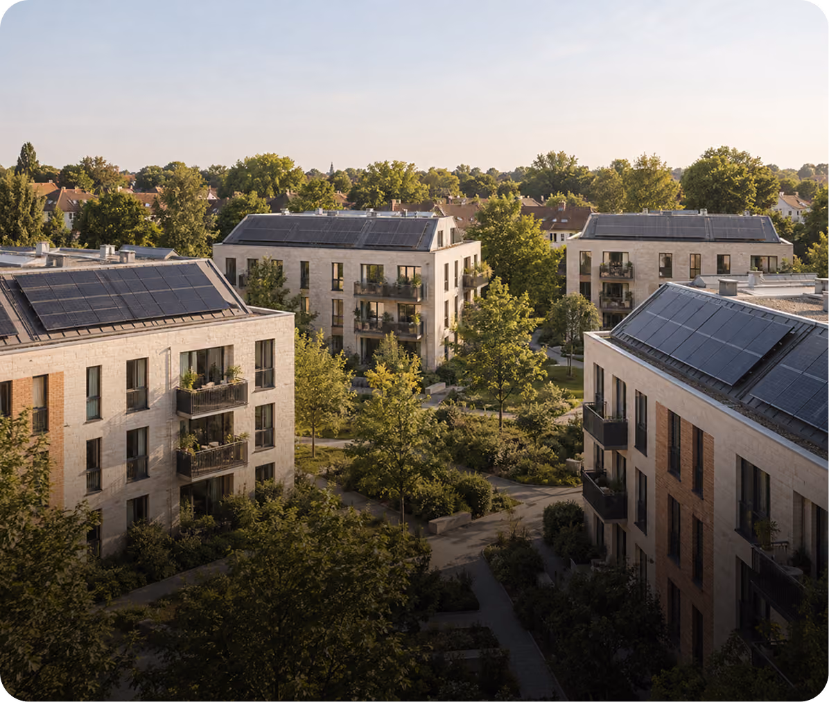 Luftbild eines Wohnquartiers mit mehreren Mehrfamilienhäusern und Photovoltaikanlagen