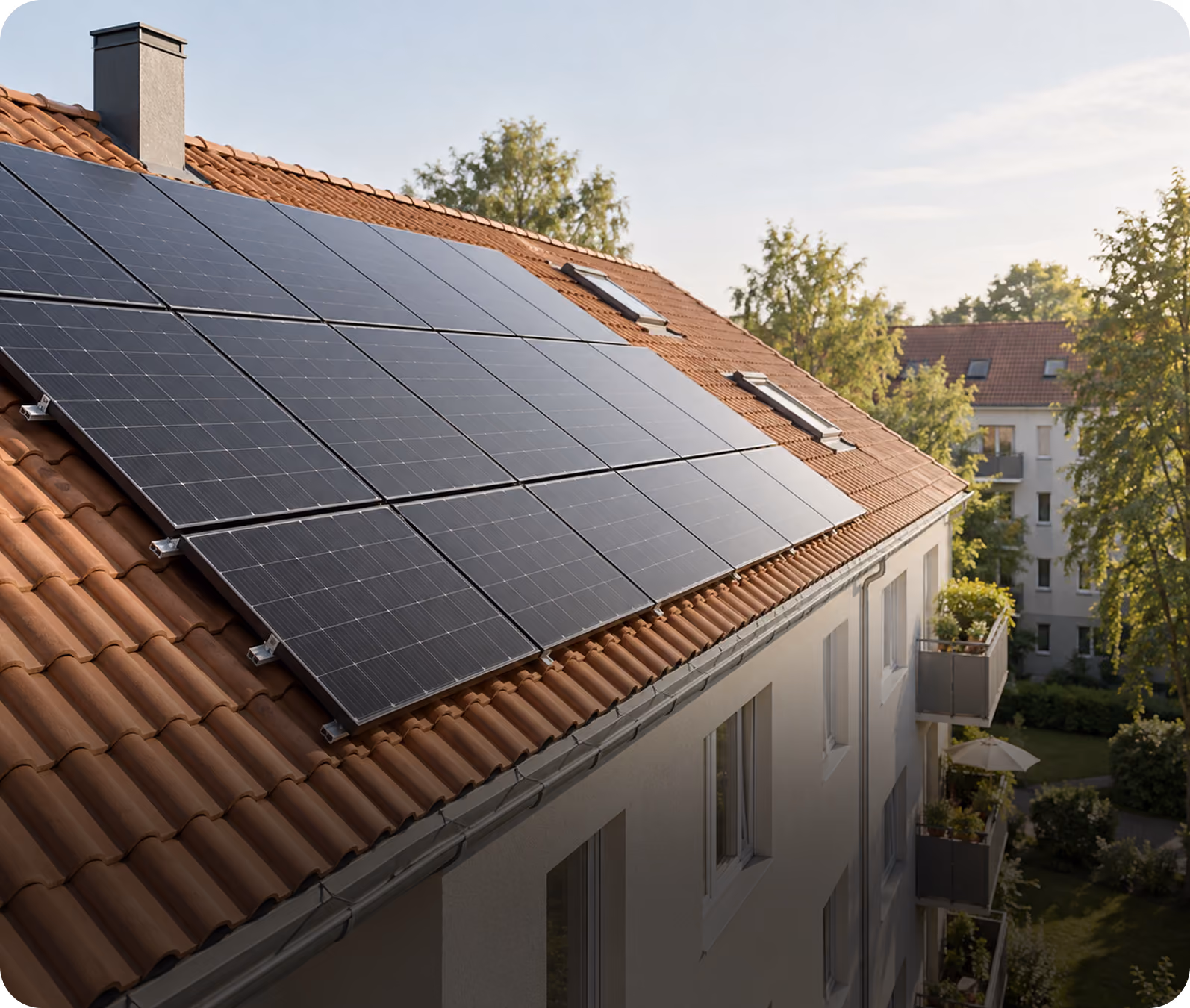 Photovoltaikmodule auf dem Ziegeldach eines Mehrfamilienhauses nach der Installation