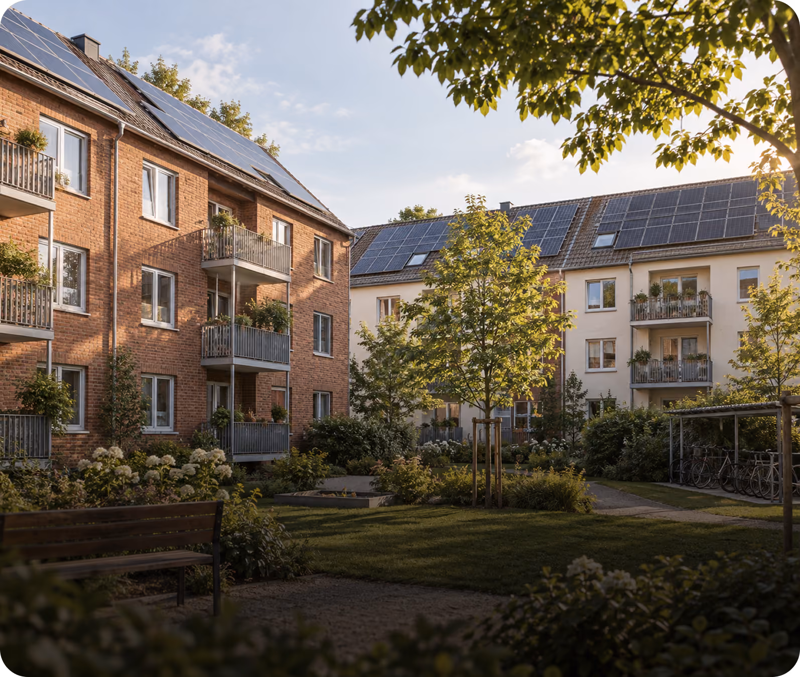 Genossenschaftliche Wohnanlage mit PV-Dächern und begrüntem Innenhof