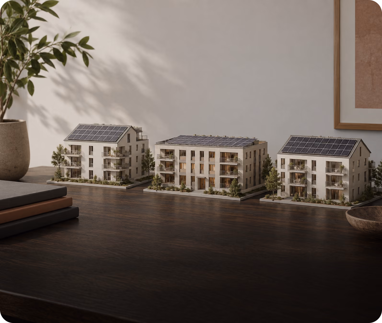 Drei Architekturmodelle von Mehrfamilienhäusern mit Solardächern auf einem Schreibtisch