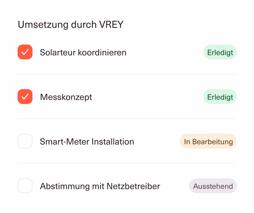 Umsetzung durch VREY: Solarteur koordinieren, Messkonzept, Smart-Meter-Installation und Abstimmung mit dem Netzbetreiber
