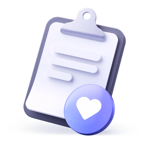 Clipboard with stylized text lines and a blue circle icon with a white heart symbol.