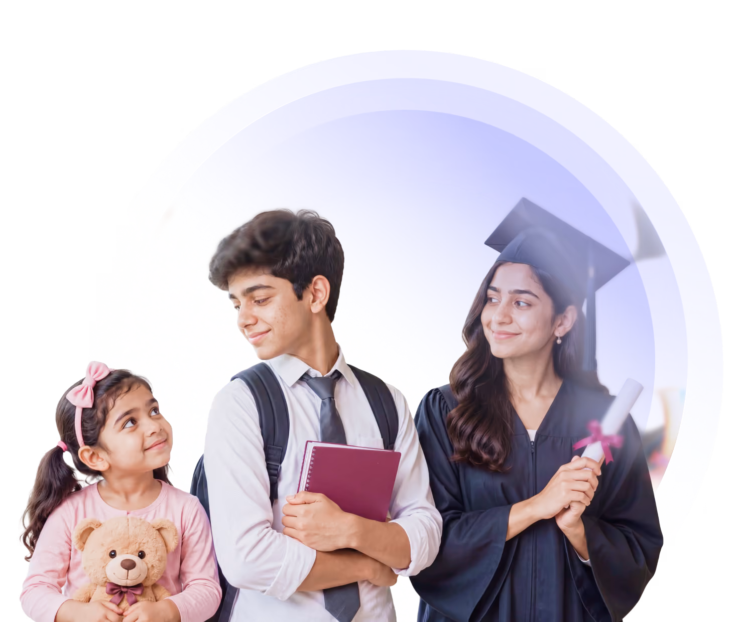 A young girl with teddy, a teenage boy with books, and a woman in graduation gown holding diploma.