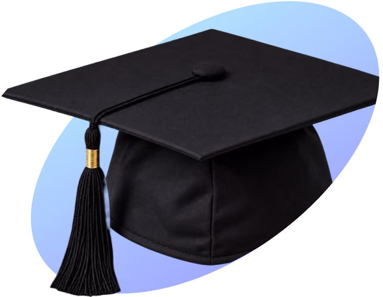 Black graduation cap with tassel against a light blue and purple oval background.