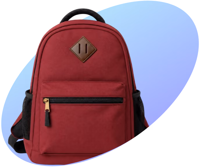 Red backpack with black zipper, front pocket, and brown diamond-shaped patch on a blue gradient background.