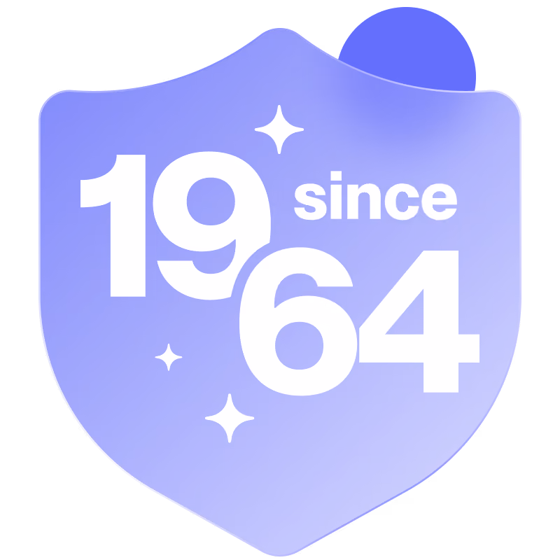 Blue shield with white text reading '1964 since' and three small sparkling stars around it.