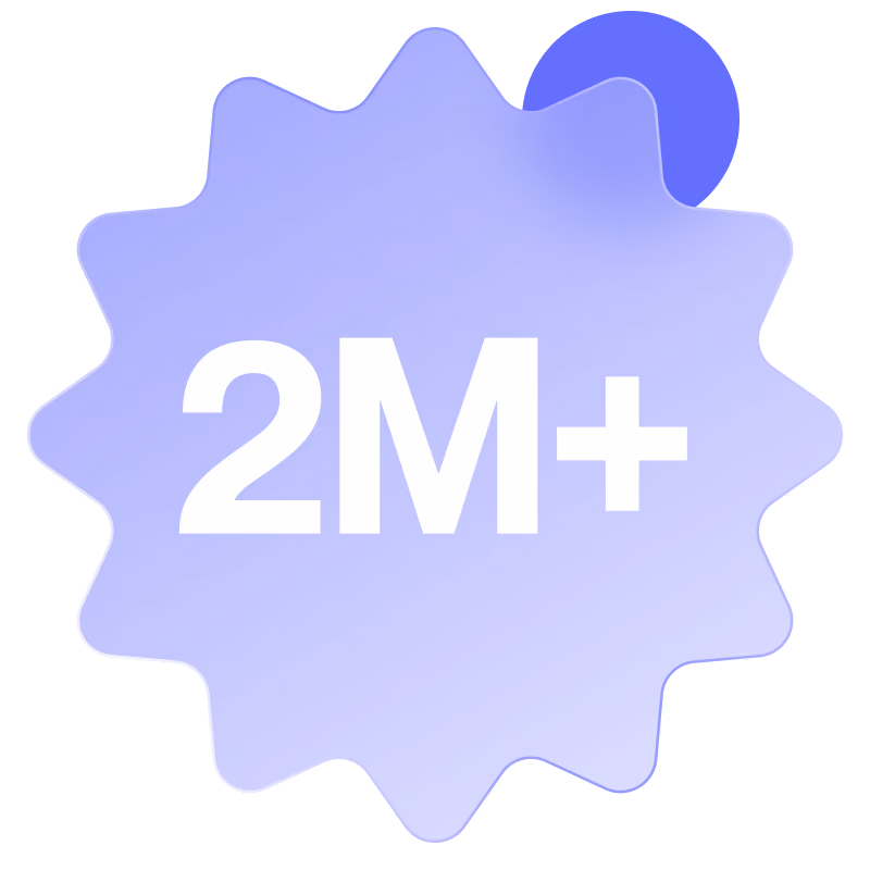 Purple starburst shape with white text reading 2M+