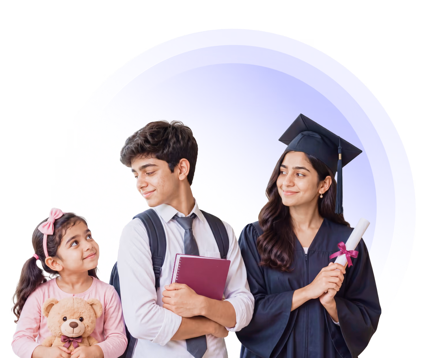 A young girl with teddy, a teenage boy with books, and a woman in graduation gown holding diploma.