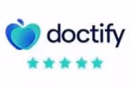 Doctify logo with blue and green heart-shaped icon and five green stars beneath the text.