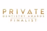 Private Dentistry Awards Finalist logo in gold text on white background.