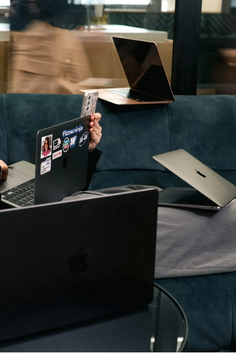 Two men working on laptops at a shared desk with plants and computer monitors near a window.