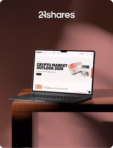 Flow Ninja Foresight audit showcase — 21shares website displayed on a laptop, featuring the Crypto Market Outlook 2026 campaign page.