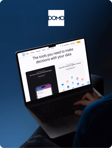 Flow Ninja Foresight audit showcase — DOMO website displayed on a laptop, featuring the "The tools you need to make decisions with your data" homepage.