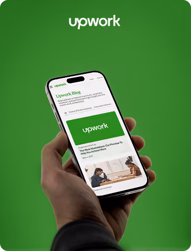 Flow Ninja Foresight audit showcase — Upwork blog page displayed on a mobile phone, featuring the Upwork Blog homepage.