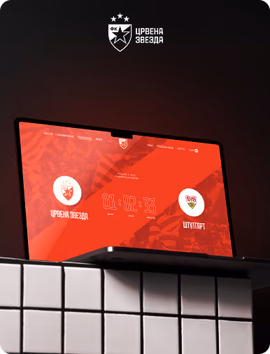 Flow Ninja Foresight audit showcase — FK Crvena Zvezda website displayed on a monitor, featuring a live match countdown screen.