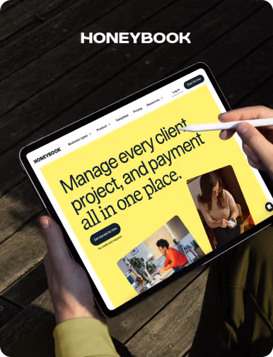 Flow Ninja Foresight audit showcase — HoneyBook website displayed on a tablet, featuring the "Manage every client project, and payment all in one place" homepage.