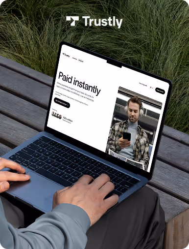 Flow Ninja Foresight audit showcase — Trustly website displayed on a laptop, featuring the "Paid instantly" homepage hero section.