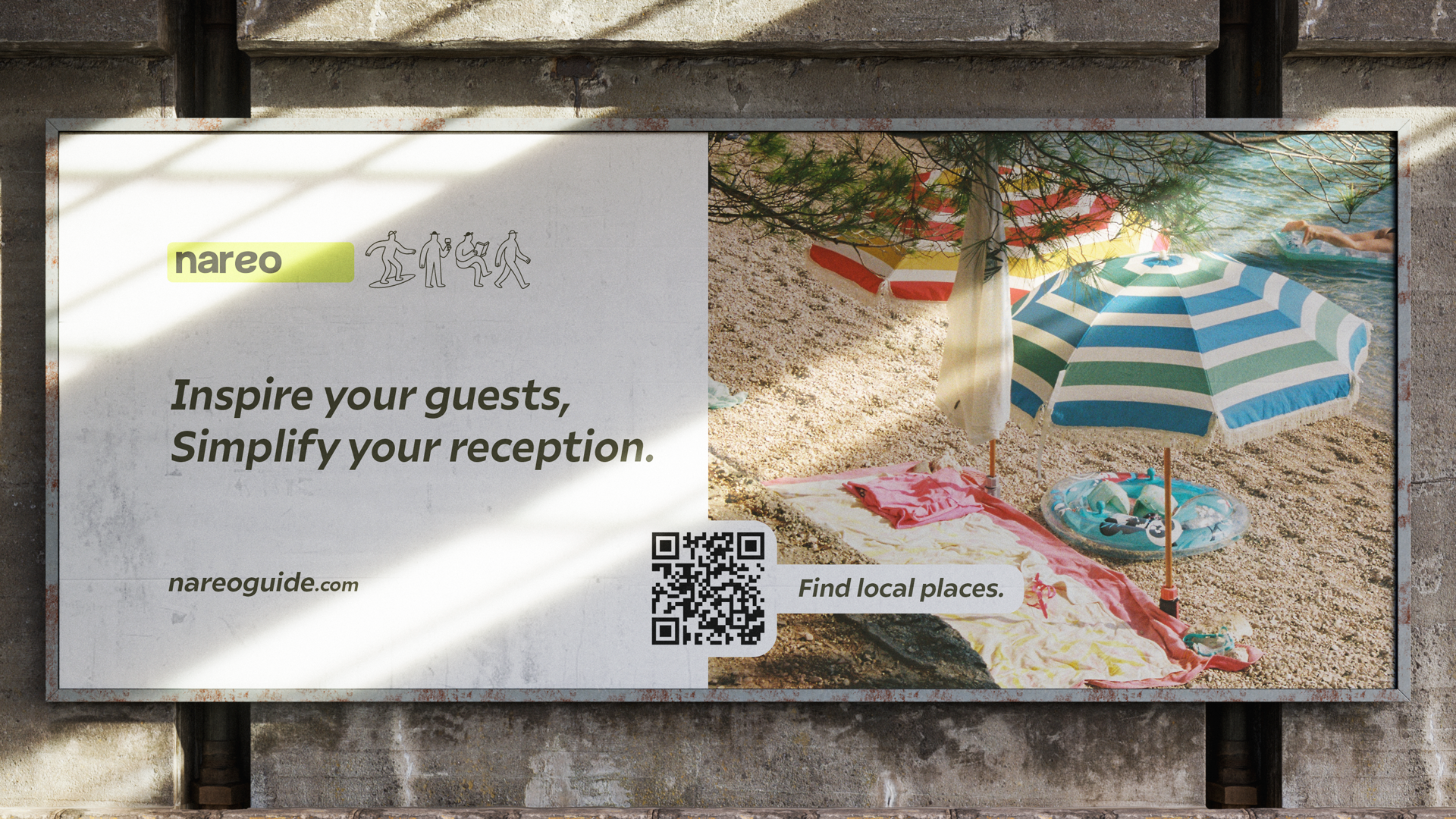 Billboard for nareo showing a beach scene with umbrellas, towels, a QR code, and promotional text.