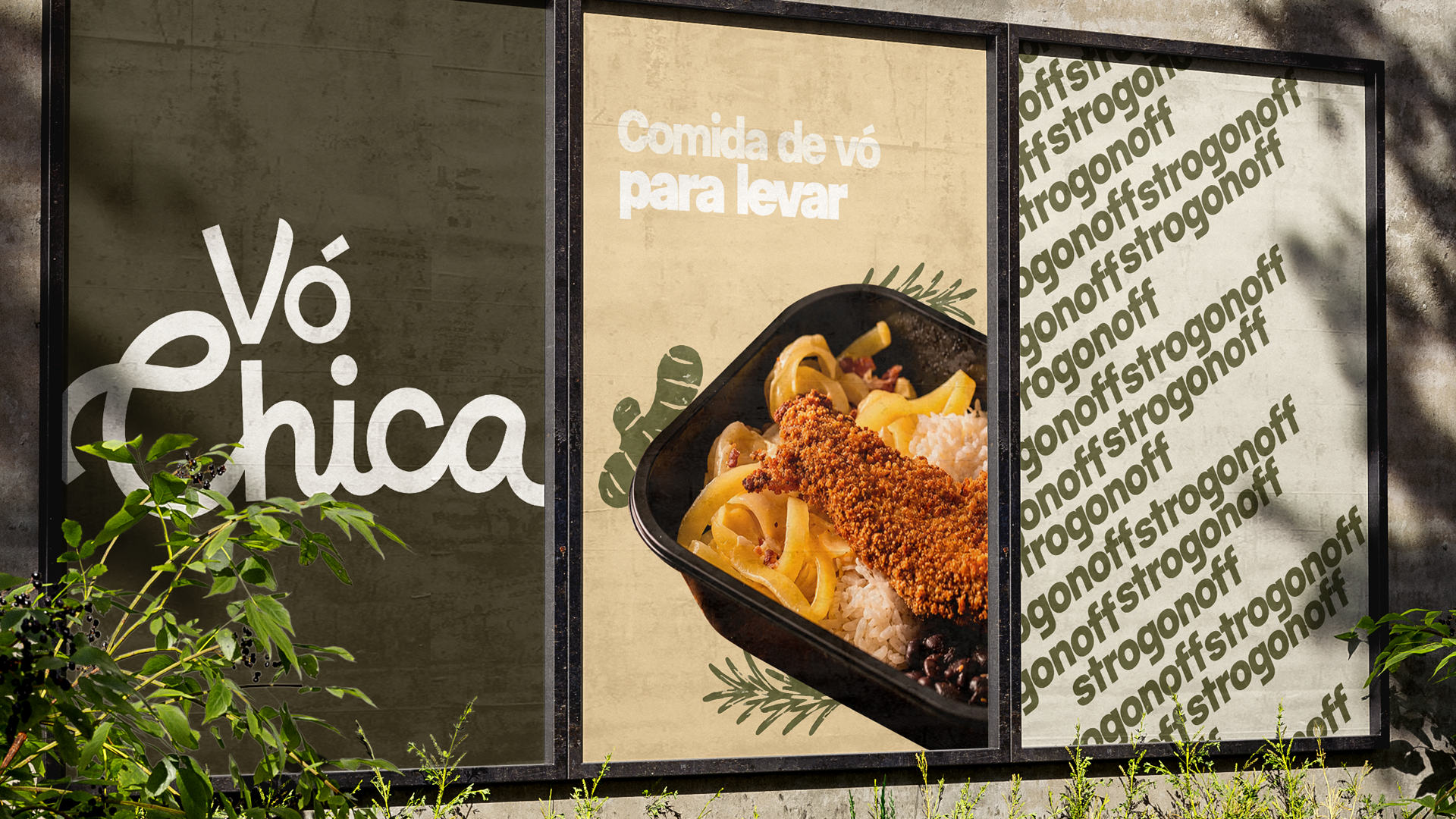 Three framed posters on a wall featuring food and text including a breaded meal with rice and beans.