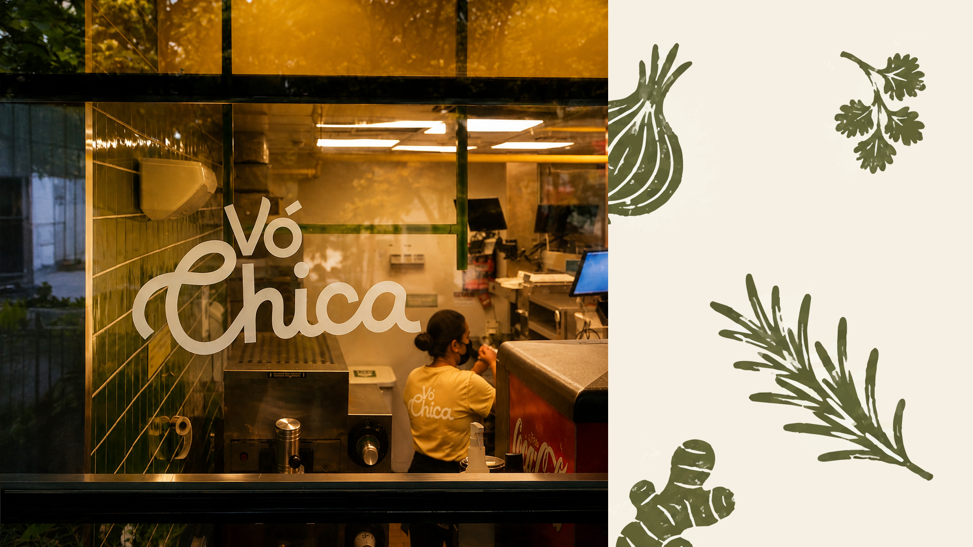 Employee inside restaurant Vó Chica seen through front window with logo on glass.