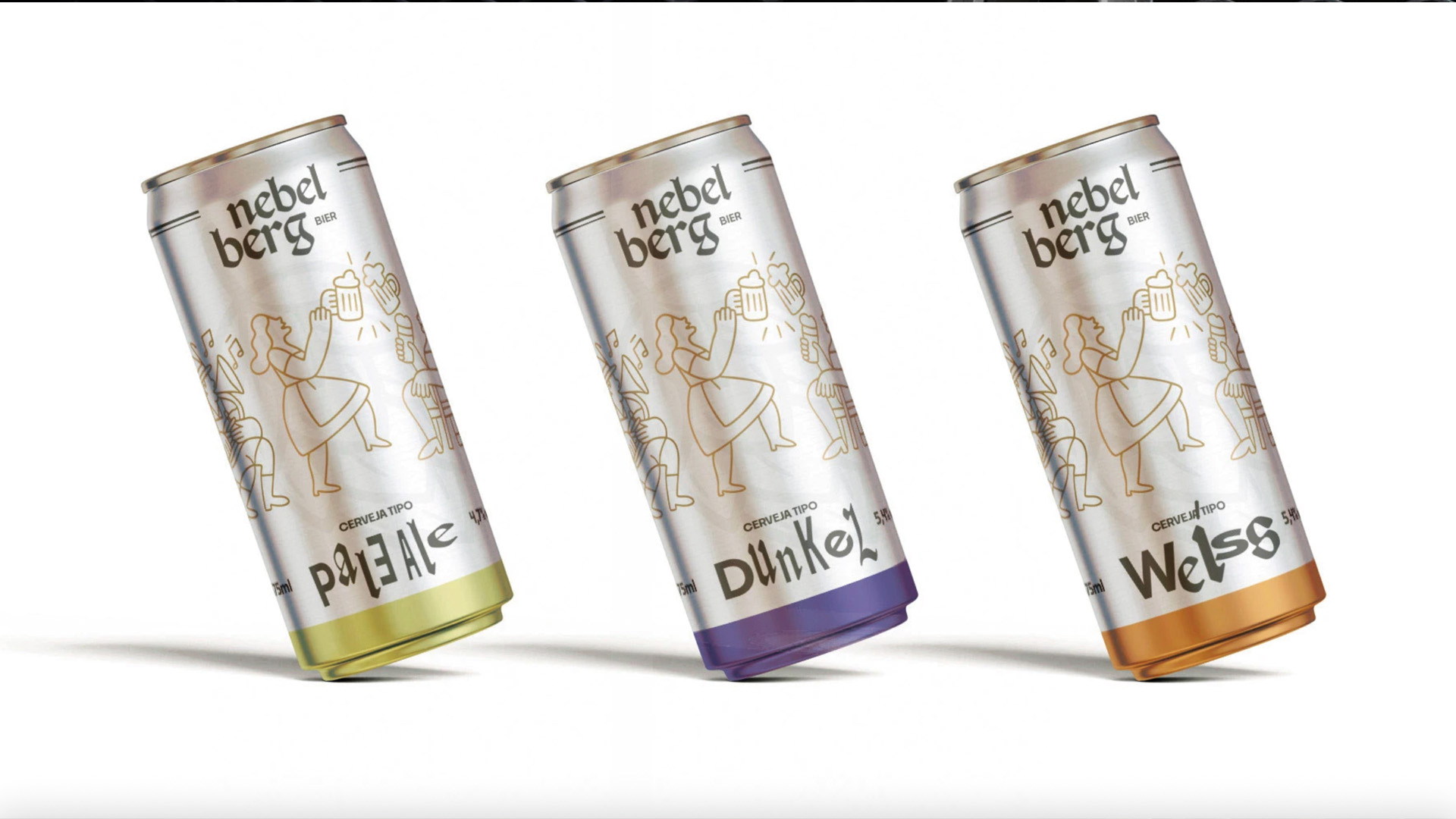 Three Nebel Berg beer cans labeled Pale Ale, Dunkel, and Weiss with gold, purple, and orange bases.